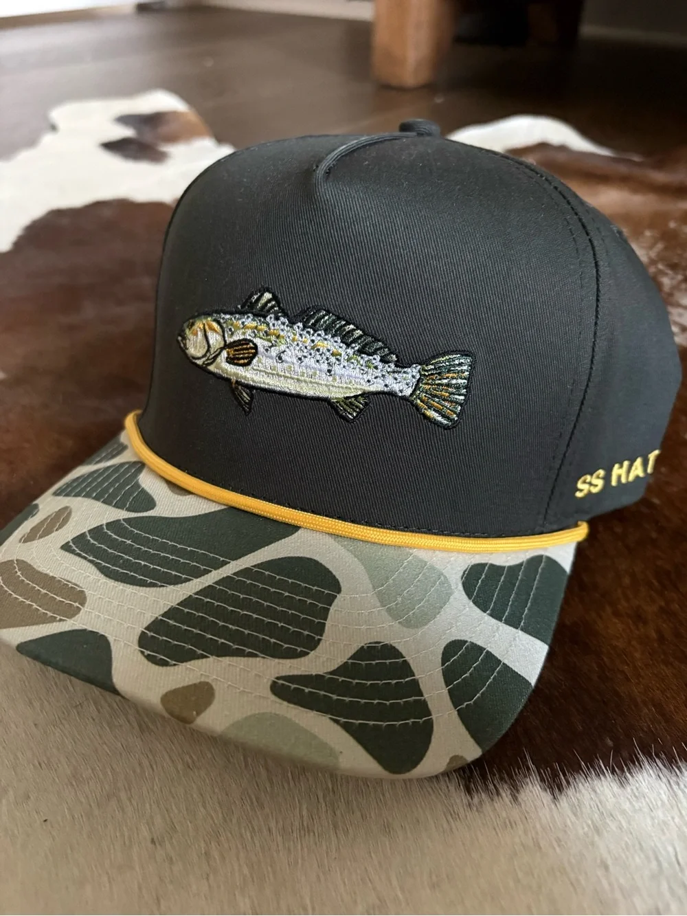 Southern String Charcoal & Camouflage Fishing Cap with Embroidered Fish